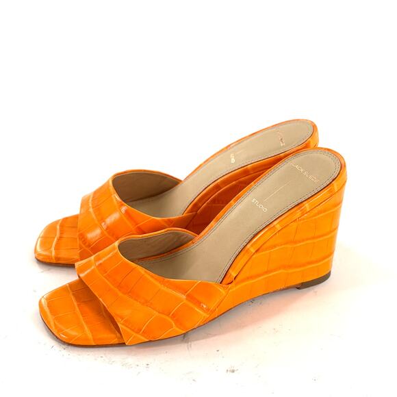 Black Suede Studio Chloe Wedge Heels 7 Orange Croc NWOT Sandals Resort BSS - Picture 2 of 7